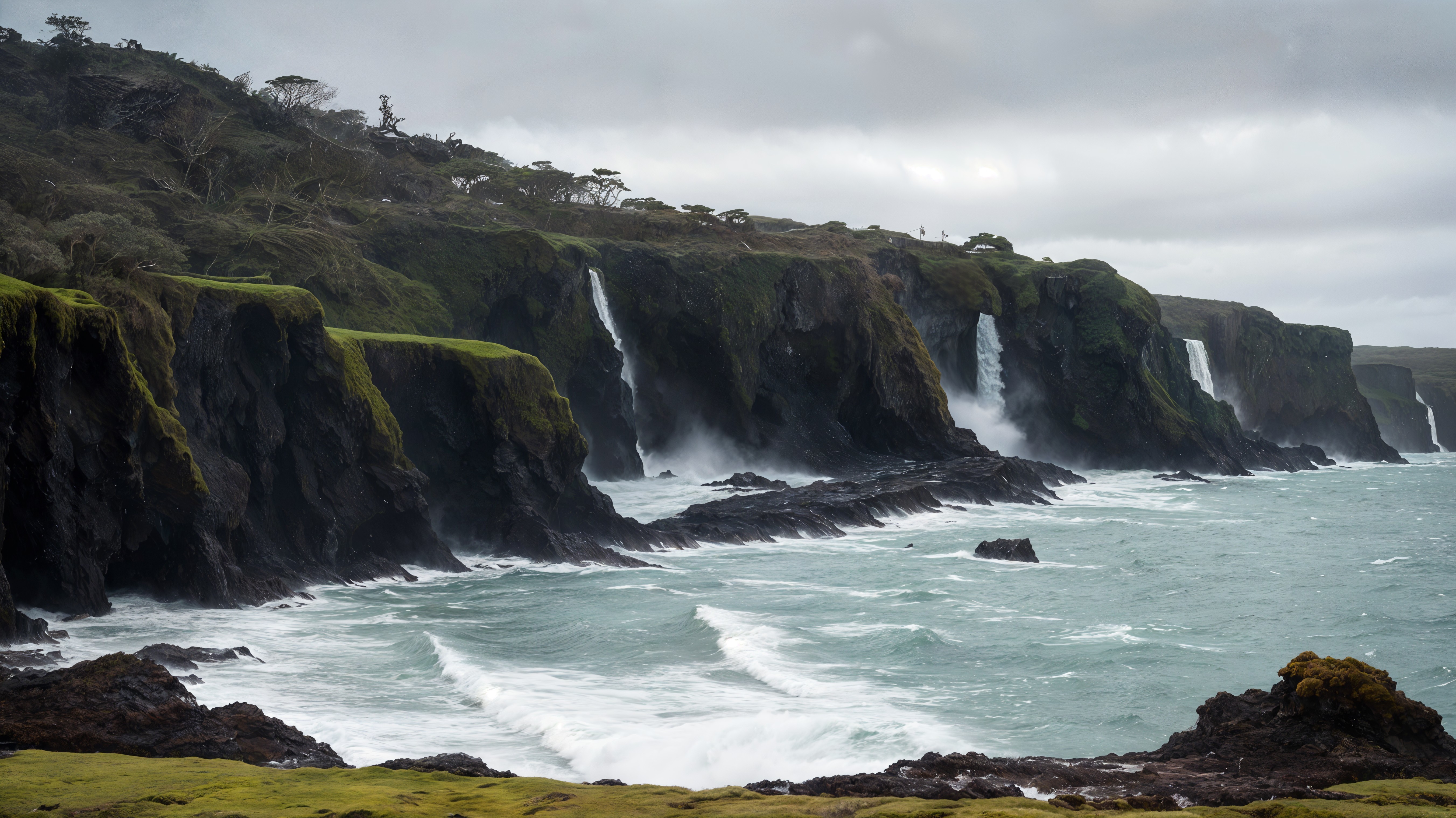 Dramatic Coastal Scene with Cliffs and Waterfalls