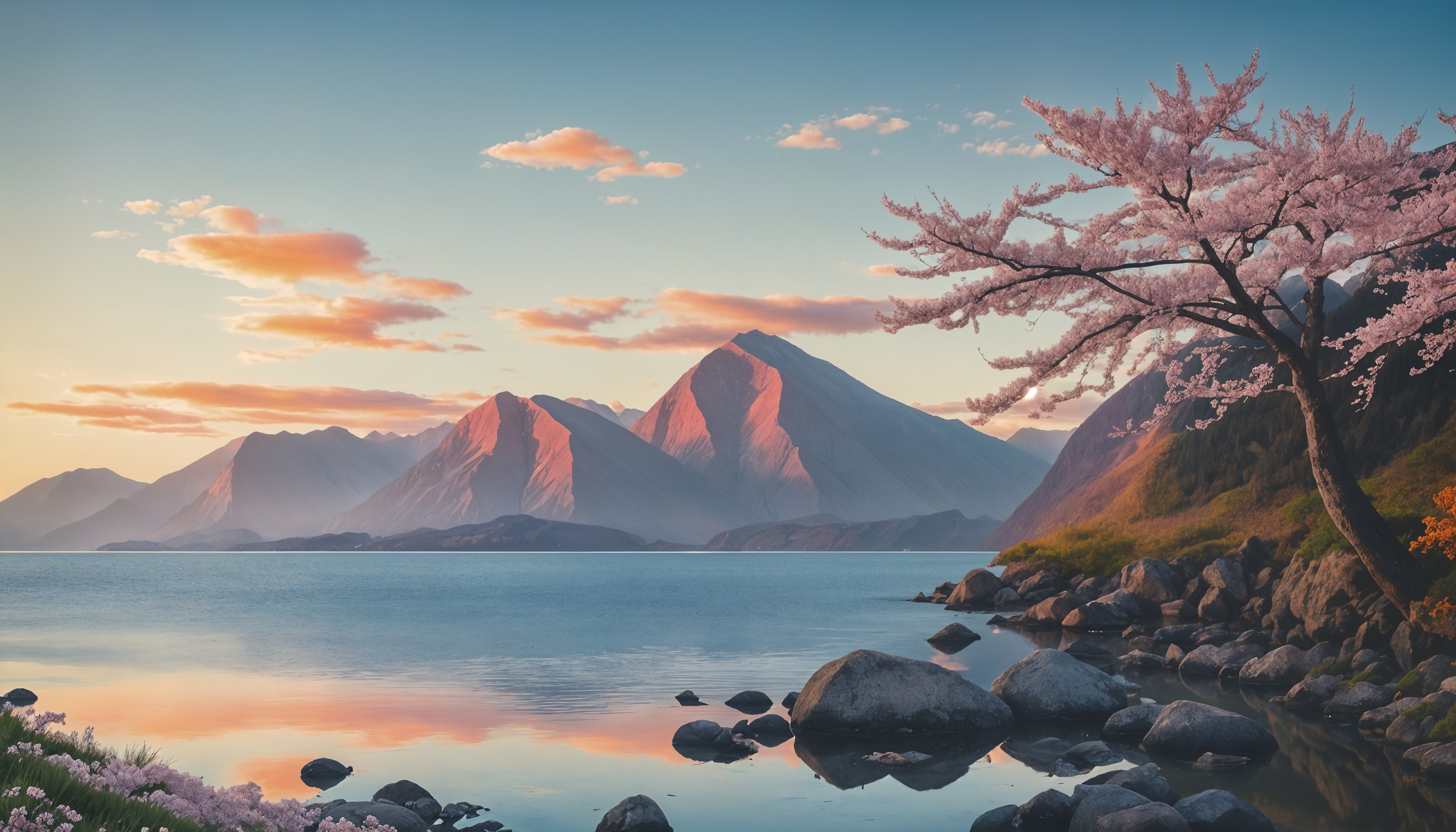 Serene Landscape with Water, Mountains, and Cherry Blossoms