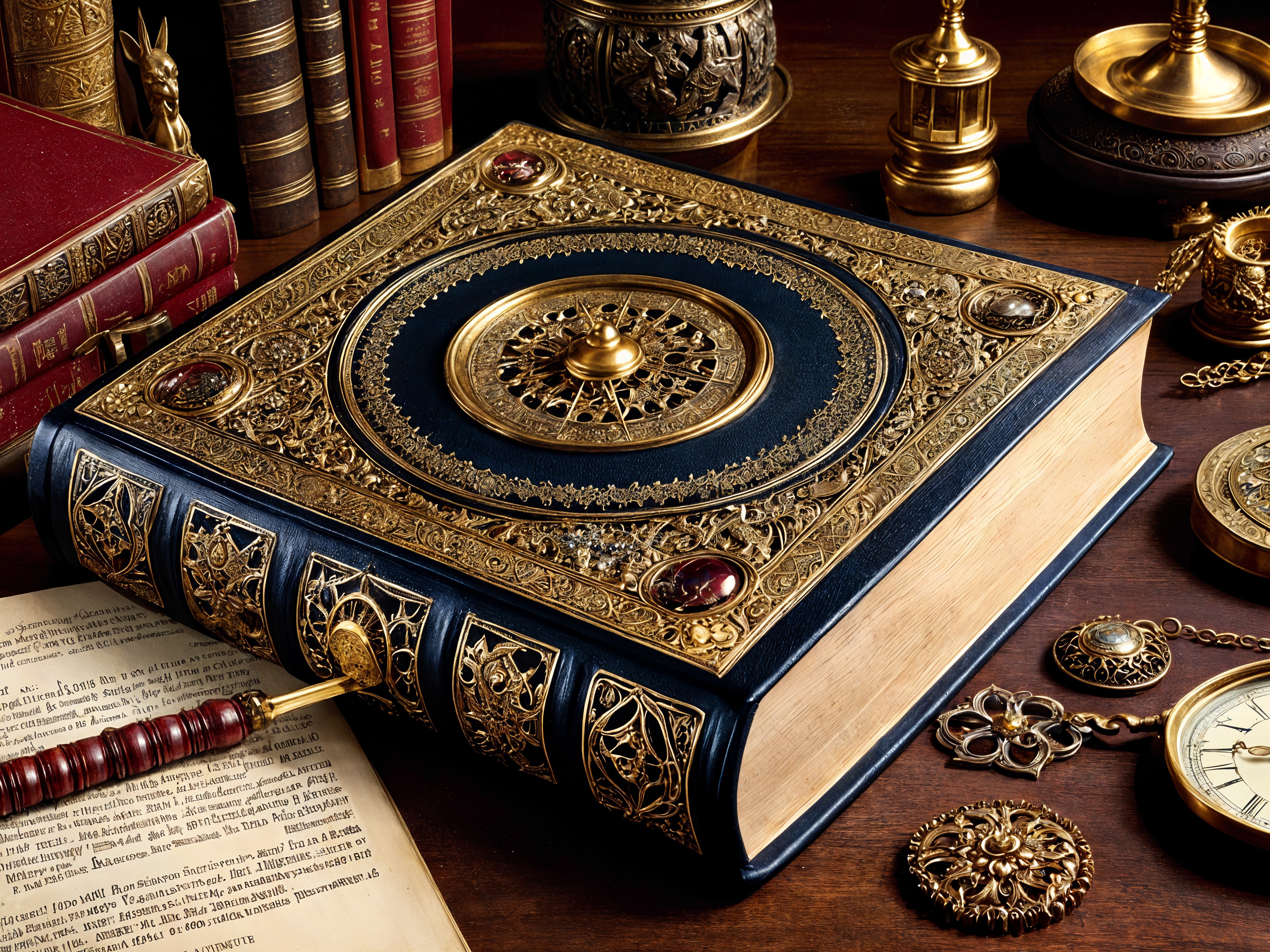 Oversized Book with Gold-Embossed Cover and Antiques