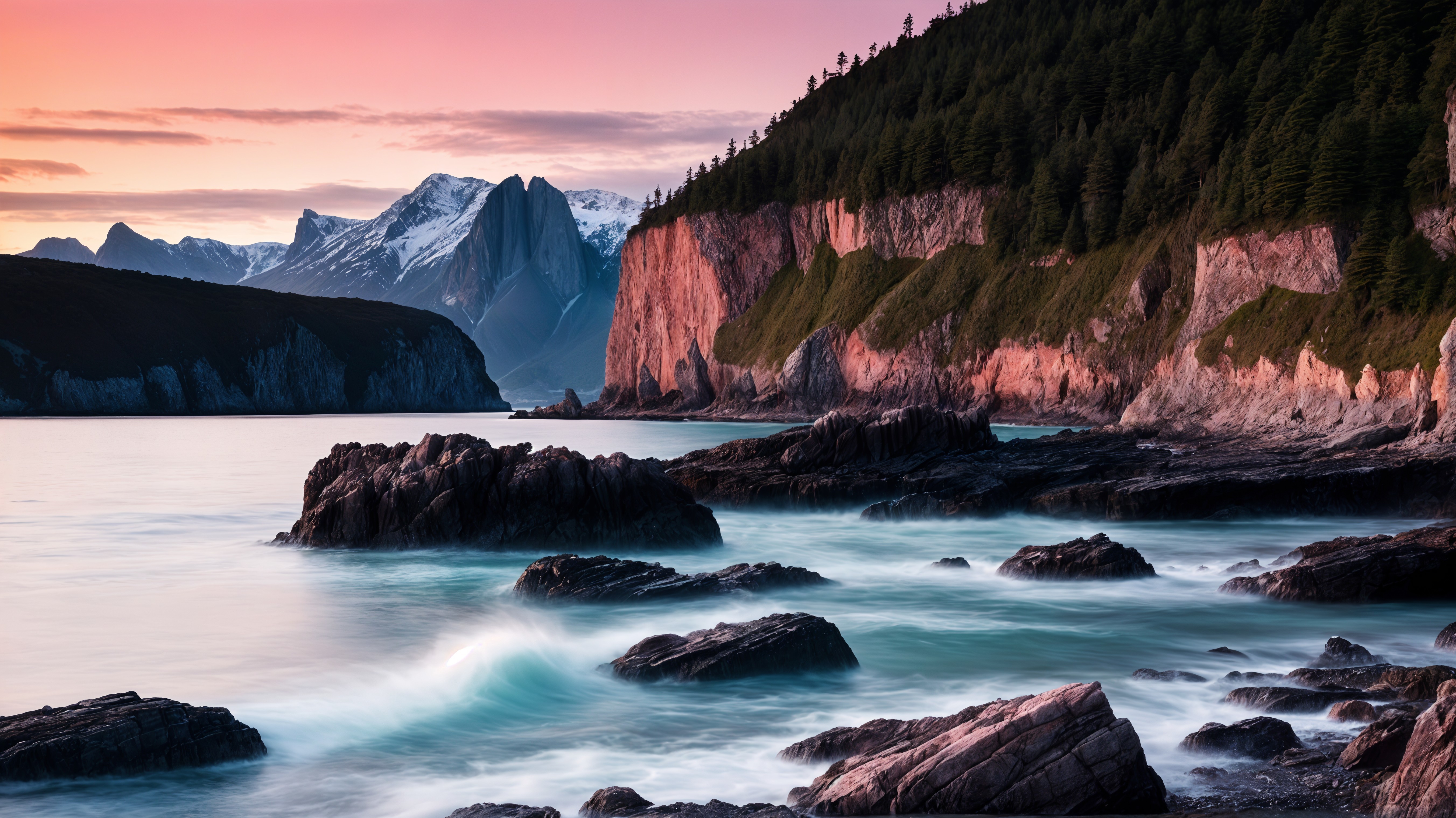Coastal Landscape at Dusk with Cliffs and Mountains