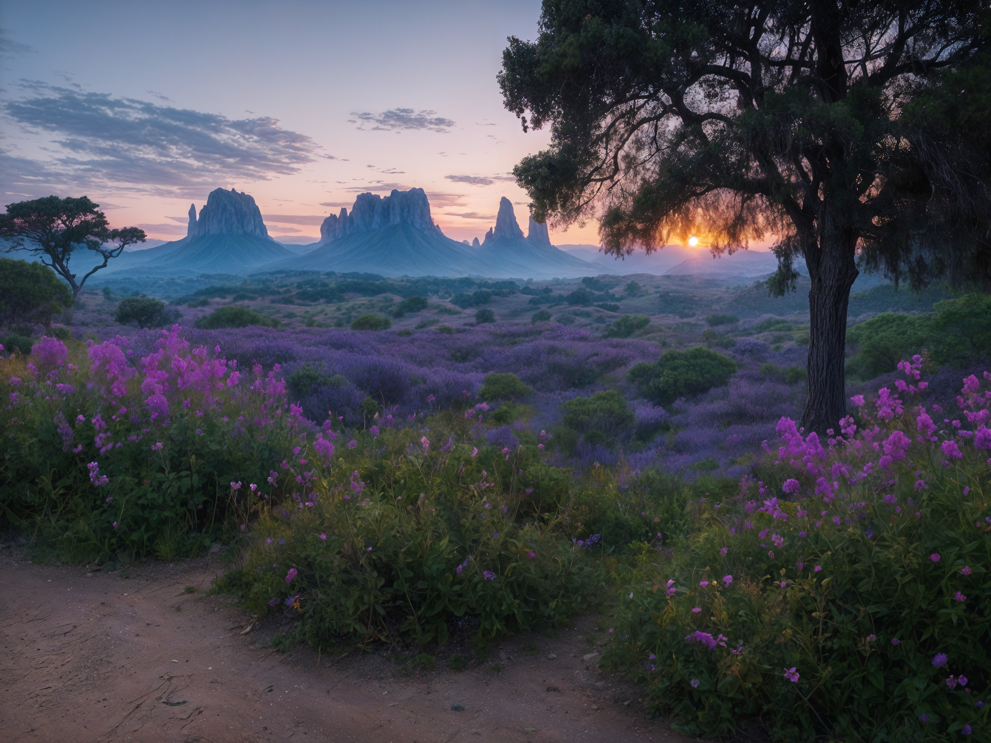 Tranquil Landscape with Purple Wildflowers and Mountains