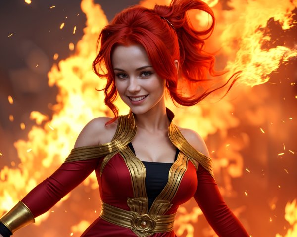 Young woman in red dress with flames backdrop