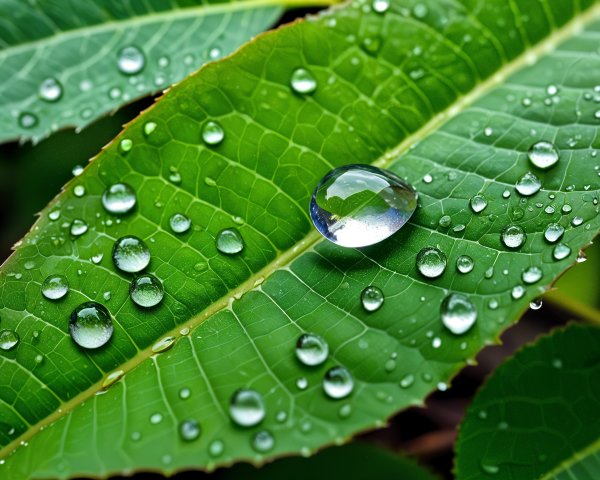Vibrant Green Leaves with Water Droplets and Texture