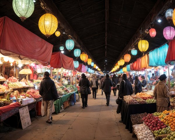 Vibrant Indoor Market with Colorful Stalls and Lanterns