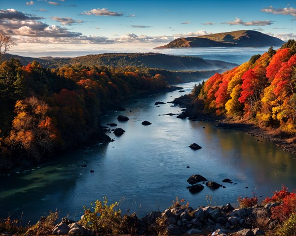 Autumn Landscape with River and Colorful Foliage