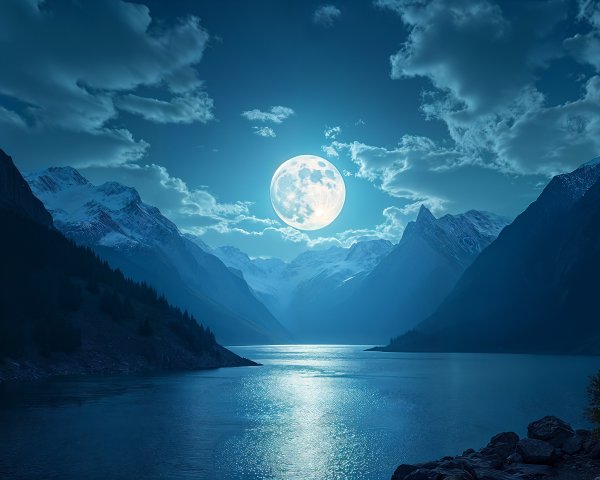 Serene Nighttime Landscape with Full Moon and Lake