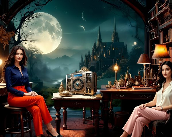 Women in Vintage Study with Steampunk Decor and Moonlight