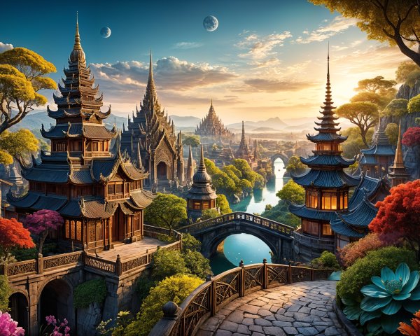 Fantasy Landscape with Pagodas and Majestic Mountains