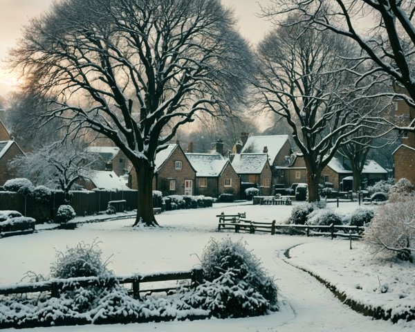Winter Village Scene with Snow-Covered Houses