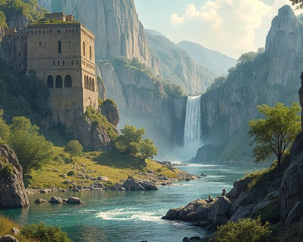 Ancient Castle Overlooking River and Waterfall Scene