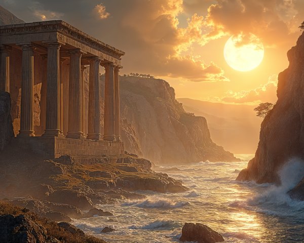 Ancient Temple on Cliffs at Sunset with Dramatic Sky