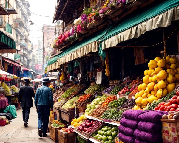 Vibrant Market Scene with Fresh Produce Displays