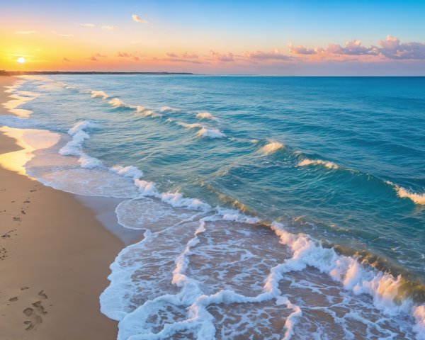 Serene Beach Sunset with Calm Waters and Footprints