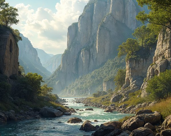 Serene Landscape with River and Towering Mountains
