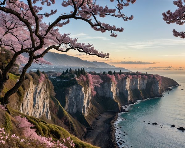 Coastal Scene with Cherry Blossoms and Sunset Glow