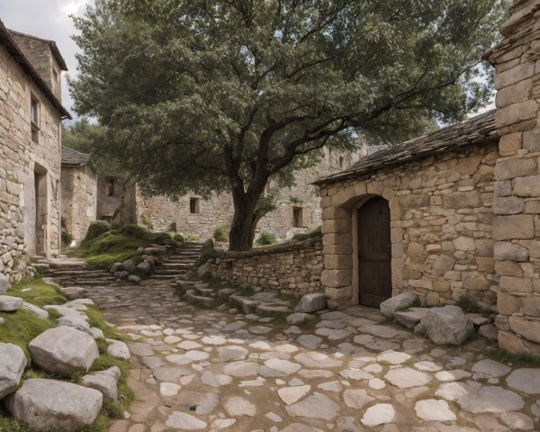 Rustic Village with Stone Buildings and Greenery