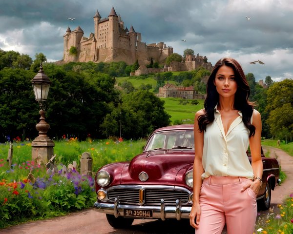 Woman in Cream Blouse by Vintage Car and Wildflowers