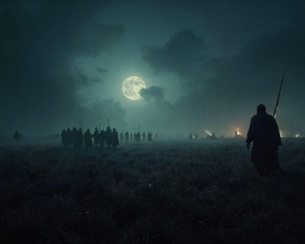 Misty Moonlit Landscape with Shadowy Warriors