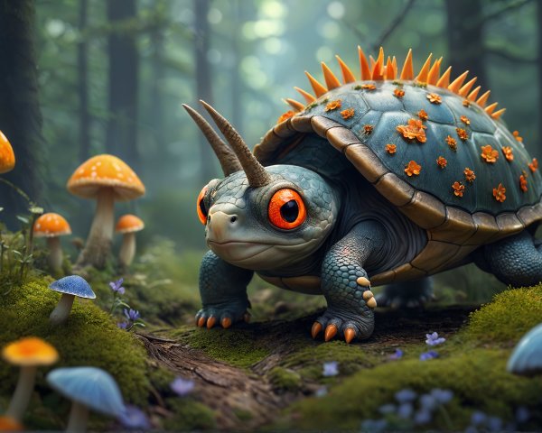 Whimsical Turtle in a Vibrant Enchanted Forest