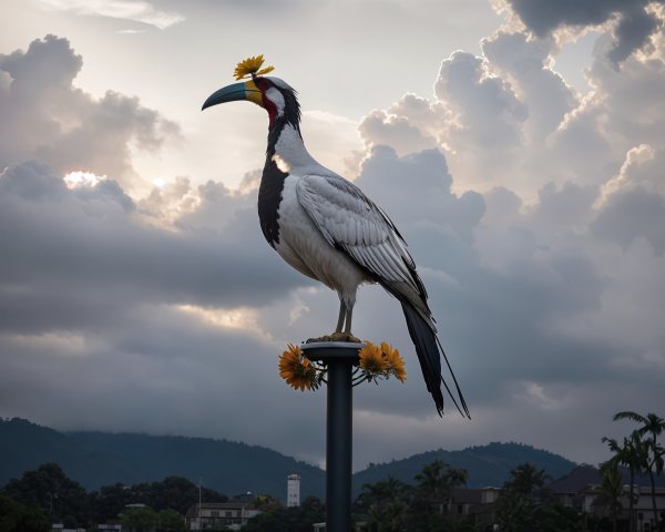 Hornbill with Yellow Flower Against Dramatic Sky