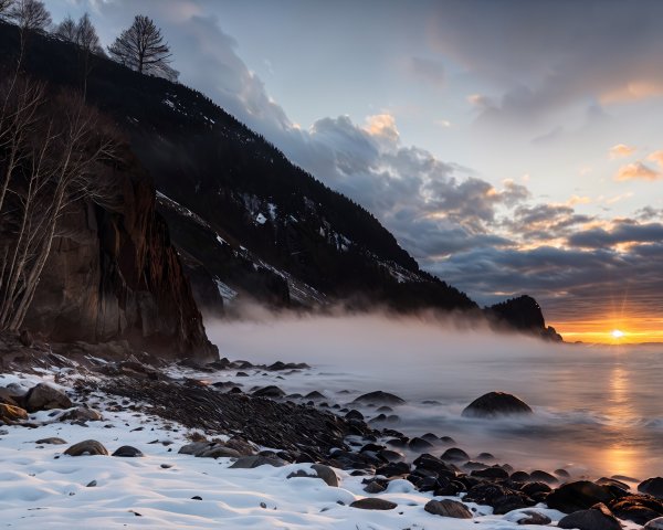 Tranquil Coastal Sunset with Waves and Misty Mountains