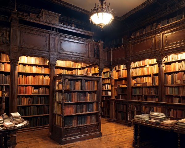 Vintage Library with Wooden Shelves and Chandelier