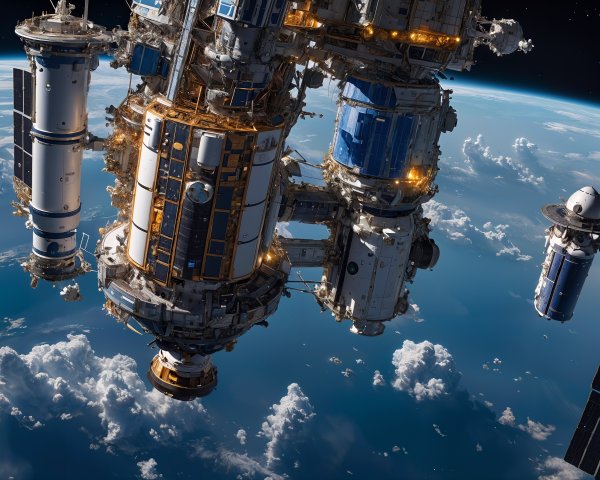 Futuristic Space Station Orbiting Earth with Modules