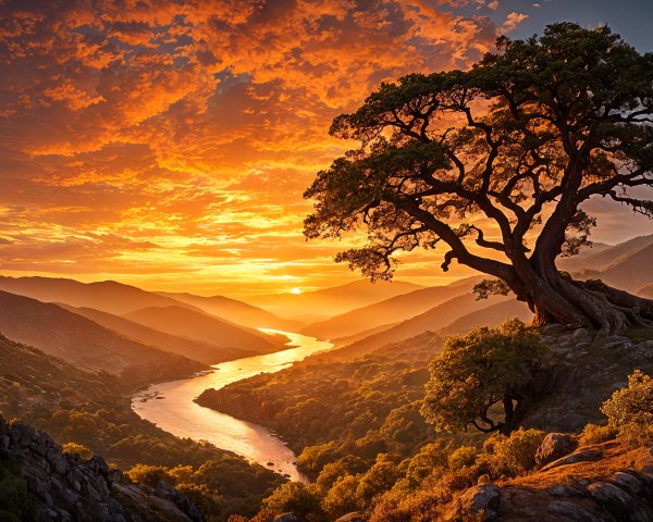 Majestic sunset over a winding river and hills