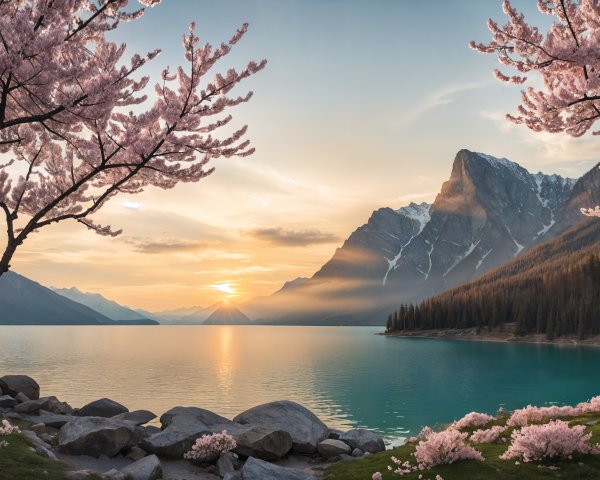 Serene Sunset Landscape with Lake and Cherry Blossoms