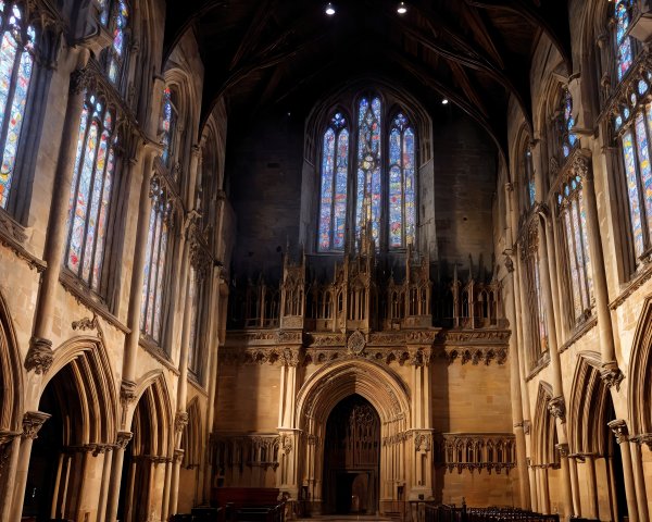 Gothic Cathedral Interior with Stained Glass and Arches