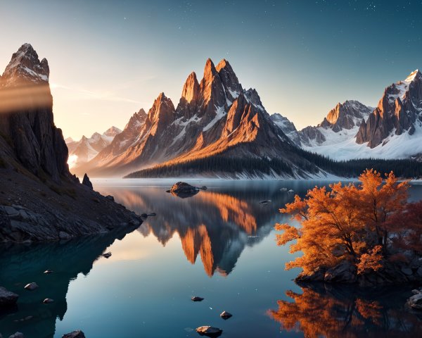 Mountain Landscape at Sunrise with Reflective Lake