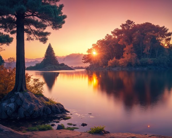 Serene Sunrise Landscape with Calm Lake and Trees