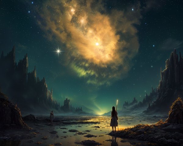 Surreal Landscape with Cosmic Cloud and Rocky Formations