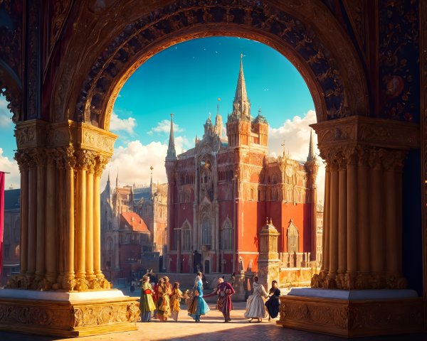 Period Costumed Gathering Under Grand Archway