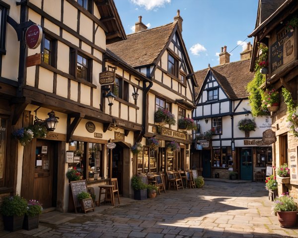Charming Village Street with Half-Timbered Buildings
