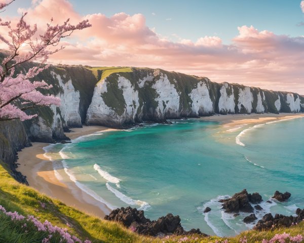 Coastal Scene with Cliffs, Bay, and Cherry Blossom