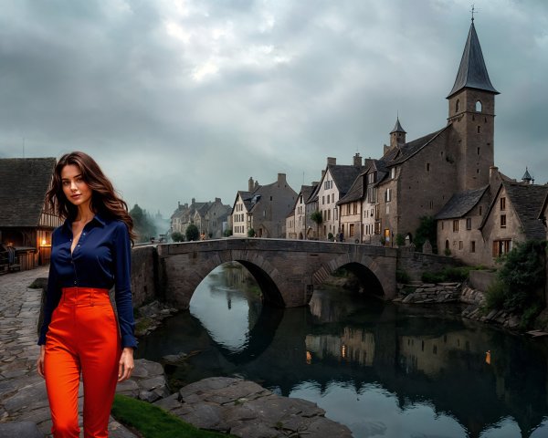 Young Woman Smiling by River with Cobblestone Path