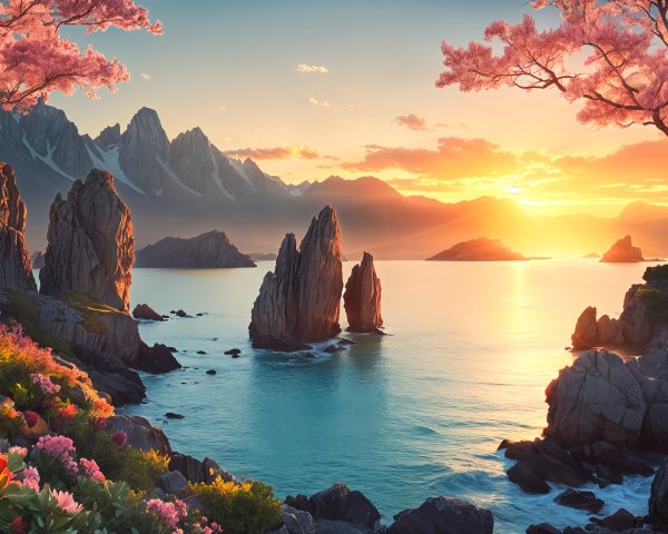 Serene Sunset Landscape with Rock Formations and Water