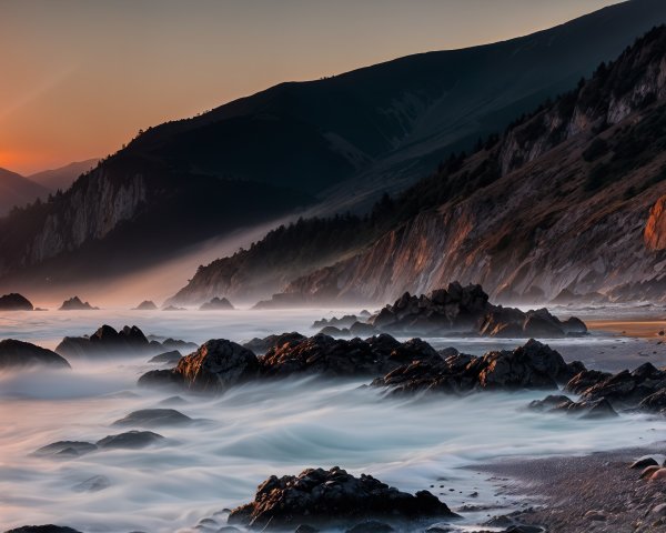 Coastal Landscape at Sunset with Waves and Mountains