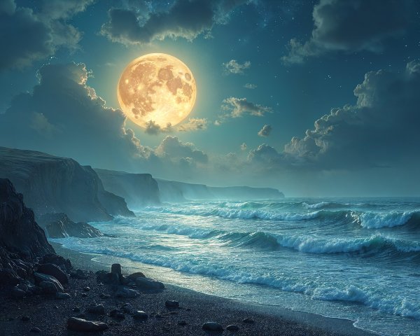 Full Moon Over Ocean Waves and Rugged Cliffs