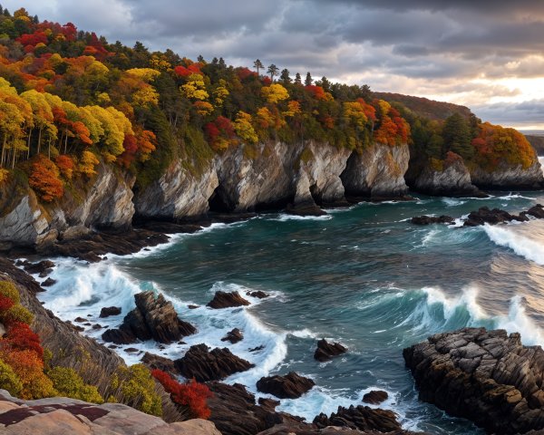 Coastal Landscape with Cliffs and Autumn Foliage