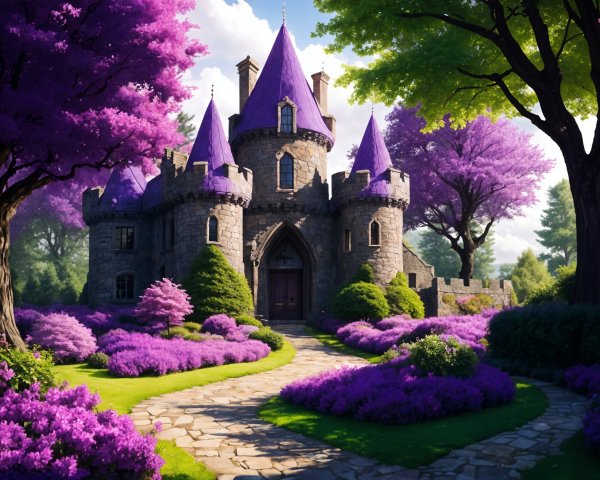 Whimsical Stone Castle Surrounded by Lush Greenery
