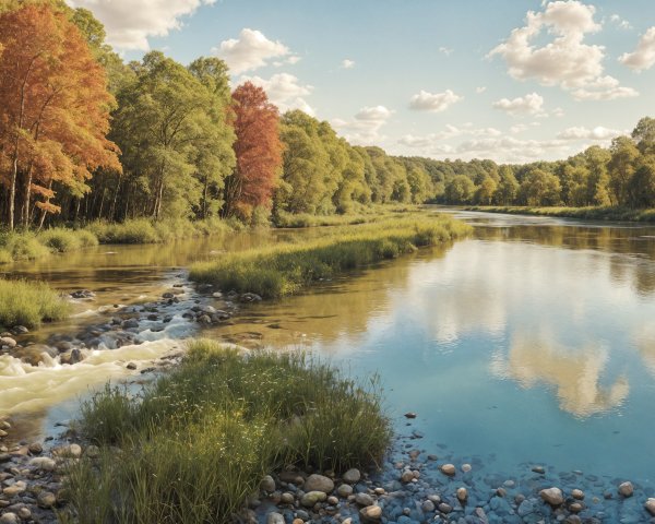 Serene riverscape with autumn foliage and clear sky