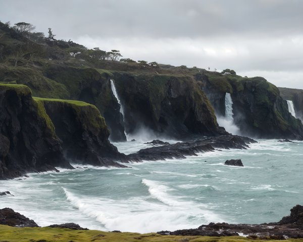 Dramatic Coastal Scene with Cliffs and Waterfalls