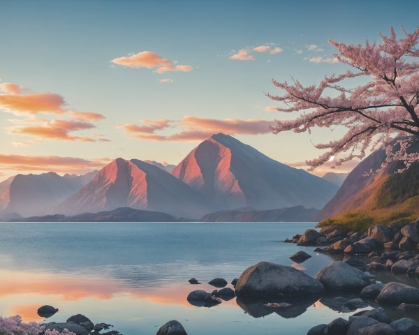 Serene Landscape with Water, Mountains, and Cherry Blossoms