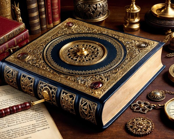 Oversized Book with Gold-Embossed Cover and Antiques