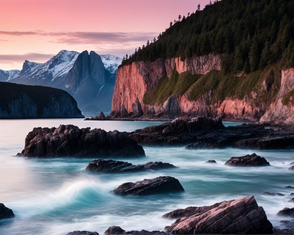 Coastal Landscape at Dusk with Cliffs and Mountains