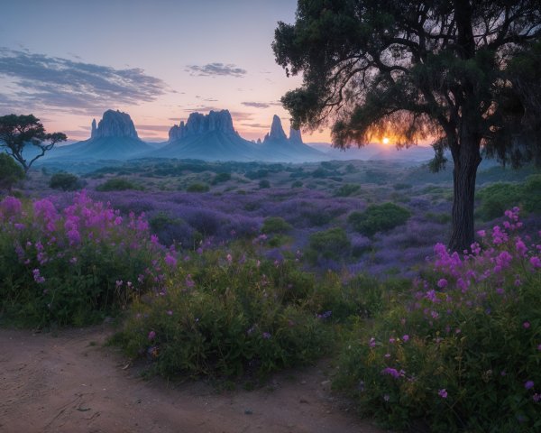 Tranquil Landscape with Purple Wildflowers and Mountains