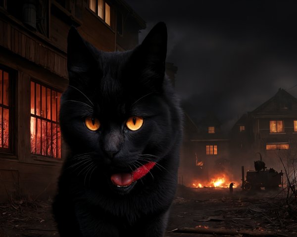 Mischievous Black Cat with Glowing Eyes at Night Fire