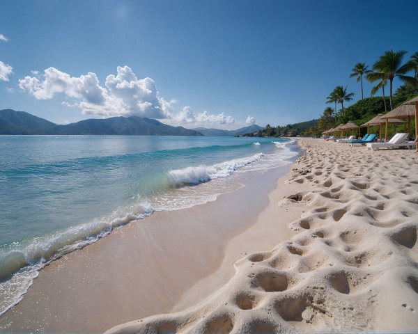 Serene Beach Landscape with Golden Sand and Palm Trees